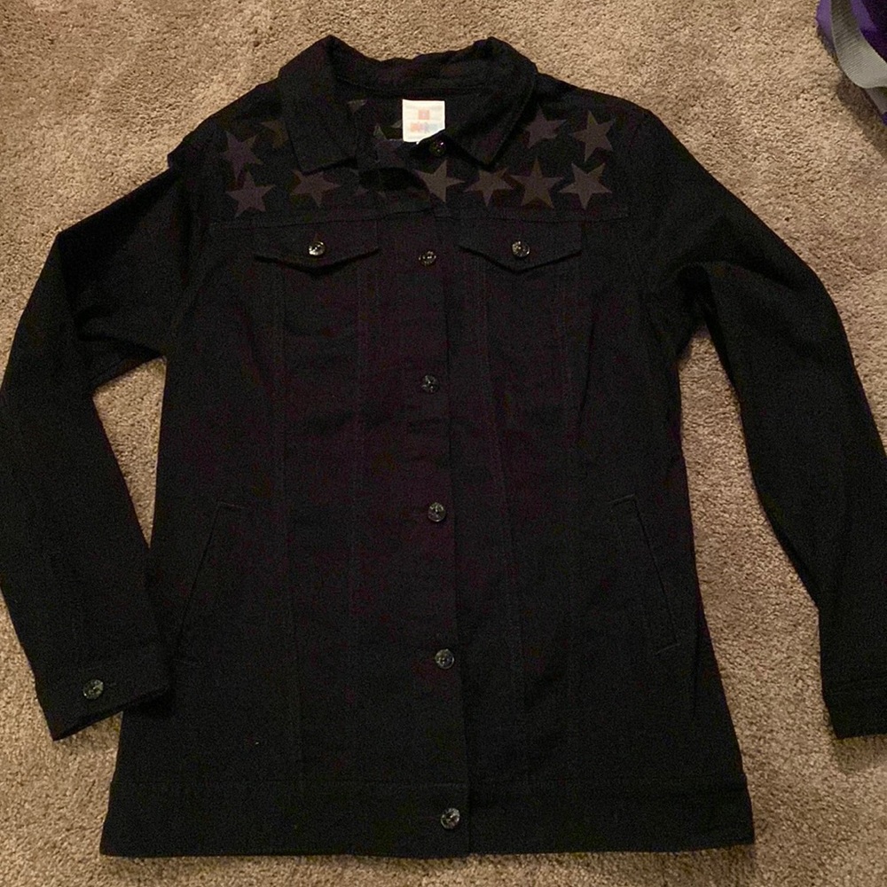LuLaRoe Jaxon Black Jean jacket with charcoal embroidered stars. Size L